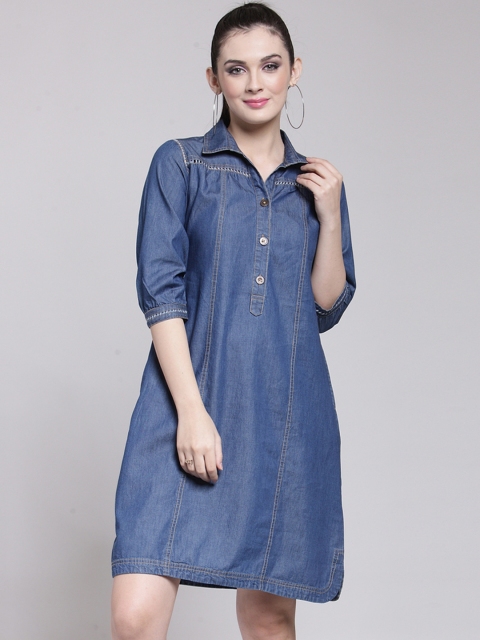 plusS Women Blue Solid Denim Shirt Dress