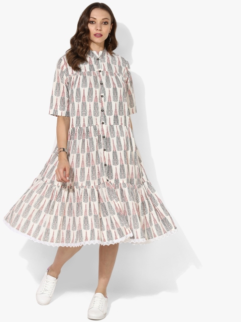 Sangria Women Off-White & Black Printed Shirt Dress