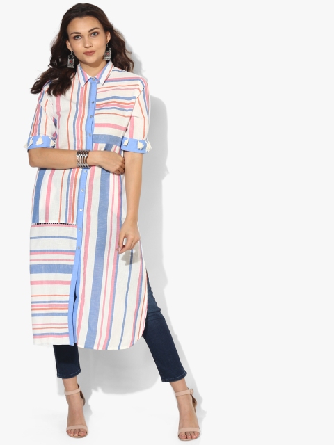 Sangria Women White & Blue Striped Straight Kurta