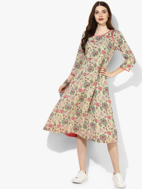 Sangria Women Cream-Coloured & Green Printed Midi A-Line Dress