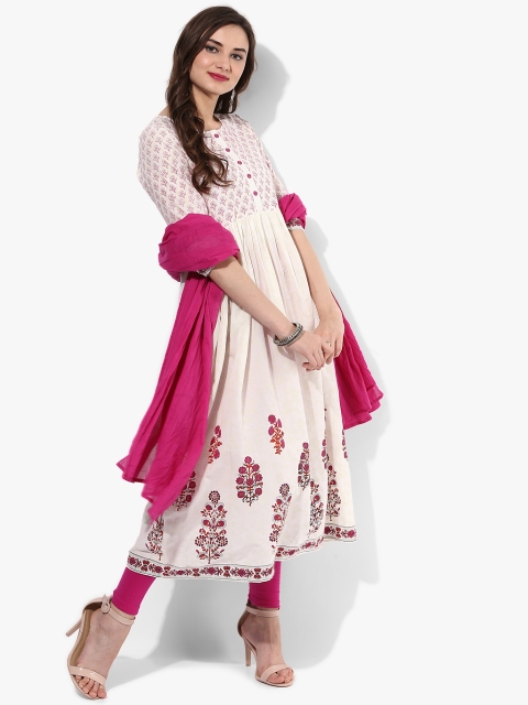 Sangria Women Off-White & Printed Kurta with Churidar & Dupatta