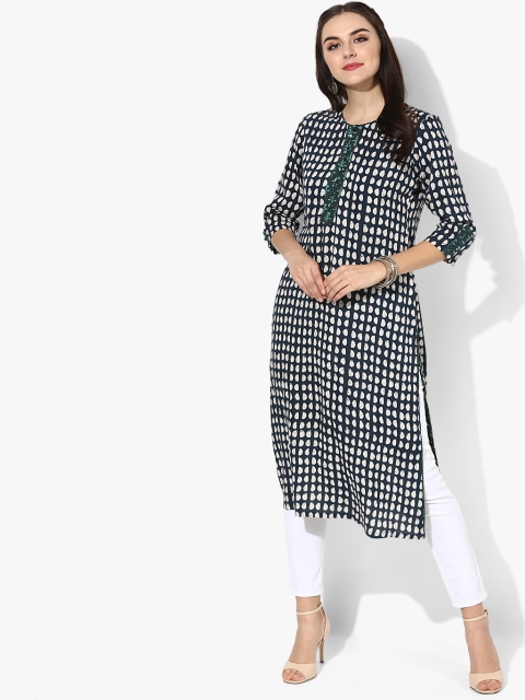 Sangria Women Navy Blue Printed Straight Kurta
