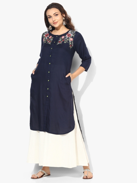Sangria Women Navy Blue Embroidered Straight Kurta