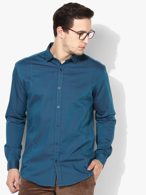 British Club Blue Solid Slim Fit Casual Shirt
