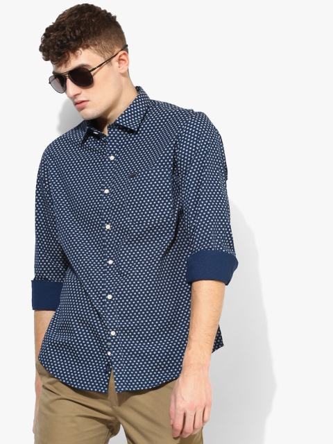 Navy Blue Printed Slim Fit Casual Shirt