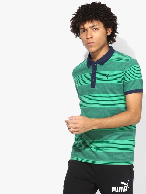 Puma Men Green & Navy Blue Striped Polo Collar T-shirt