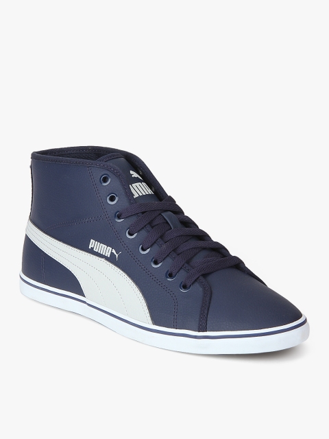 Puma Men Navy & White Solid Mid-Top Leather Sneakers, Navy blue