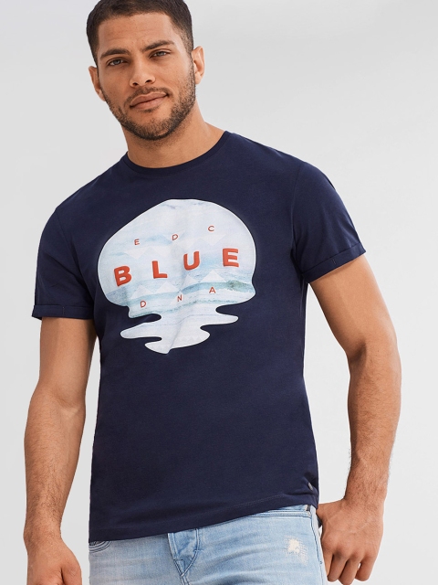Navy Blue Printed Regular Fit Round Neck T-Shirt