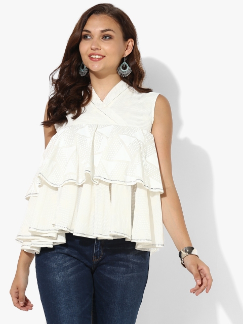 V Neck Sleeveless Khadi Print Flared Pure Cotton Top, White