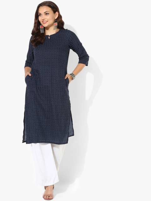Navy Blue Printed Round Neck Straight Fit Kurta With 3/4th Sleeves