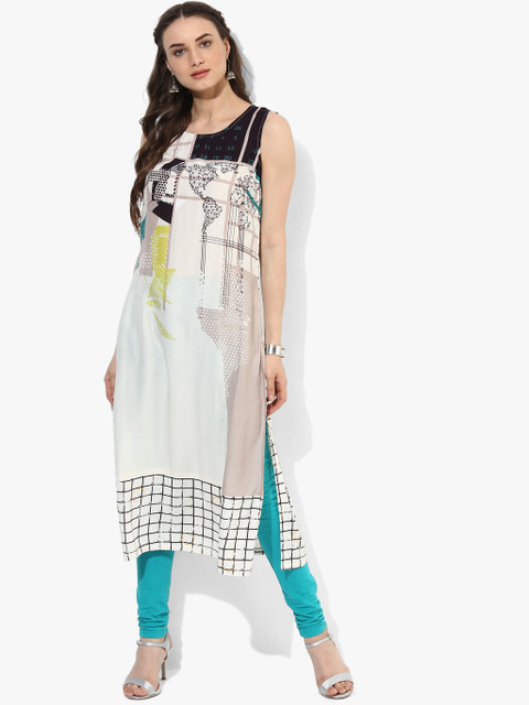 RANGMANCH BY PANTALOONS Women Off-White Printed Straight Kurta 
RANGMANCH BY PANTALOONS Women Off-White Printed Straight Kurta