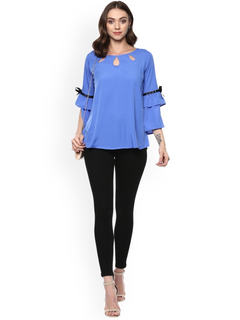 Qurvii Plus Size Women Blue Solid A-Line Top