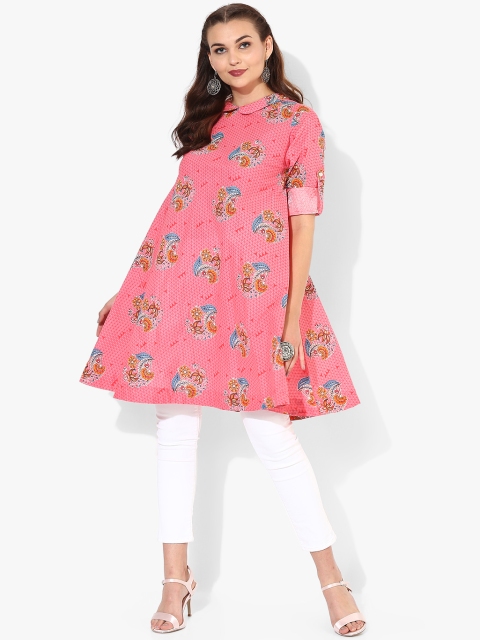 Peterpan Collar 3/4Th Sleeves Pink Printed Tunic