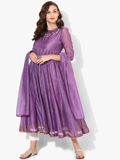 Round Neck Embroidered Chanderi Anarkali Along With White Pants And Chanderi Dupatta, Purple
Round Neck Embroidered Chanderi Anarkali Along With White Pants And Chanderi Dupatta, Purple