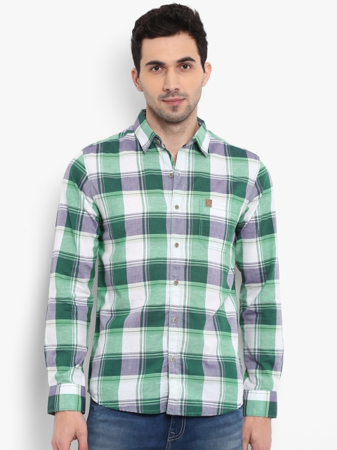 Mufti Men Off-White & Green Slim Fit Checked Casual Shirt