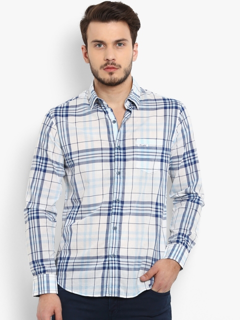 Mufti Men White & Blue Slim Fit Checked Casual Shirt