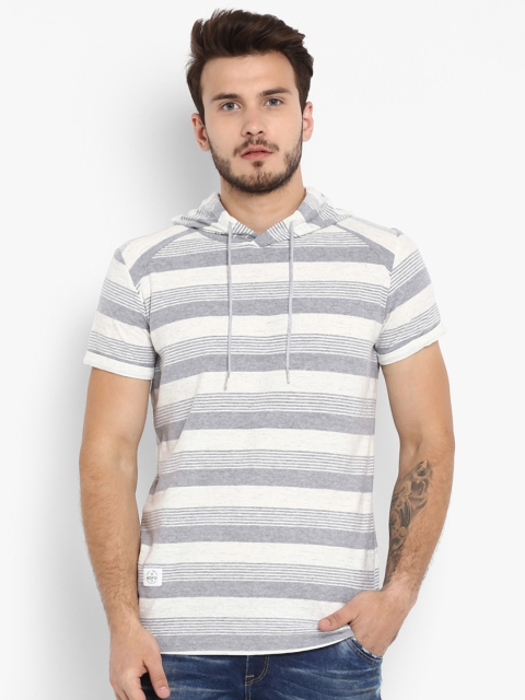 Mufti Men Grey & White Striped Slim Fit Hooded T-shirt