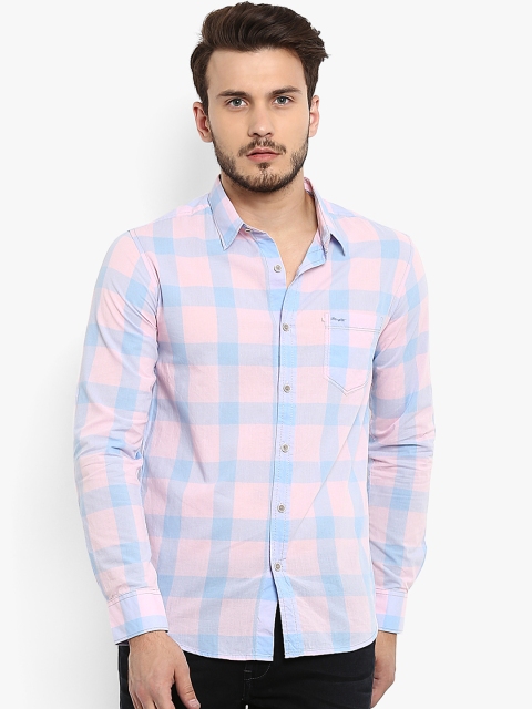 Mufti Men Pink & Blue Slim Fit Checked Casual Shirt