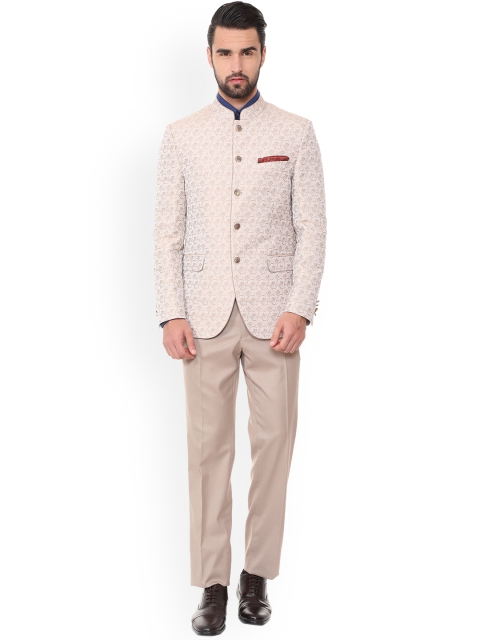 Van Heusen Men Beige Self-Design Bandhgala Suit