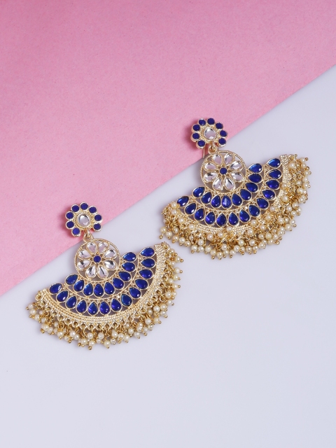 Voylla Gold-Plated & Blue Crescent Shaped Drop Earrings