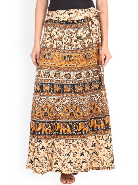 SOUNDARYA Women Brown Ethnic Print Wrap-Around Maxi Pure Cotton Skirt, Beige