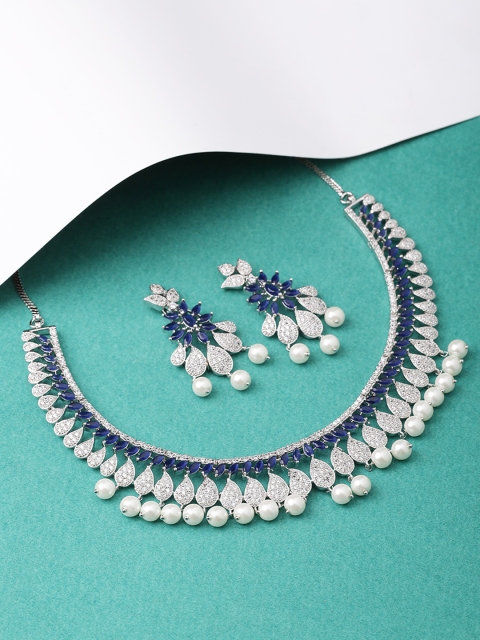 Voylla Women Silver-Toned & Blue Stone-Studded Jewellery Set