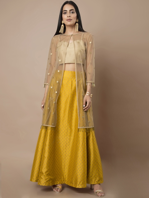 INDYA Women Beige Solid Crop Top with Ethnic Sheer Jacket