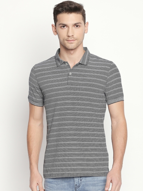 BYFORD by Pantaloons Men Grey & Navy Slim Fit Striped Polo Collar T-shirt