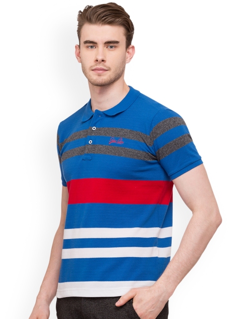 Status Quo Men Blue Striped Polo Collar T-shirt