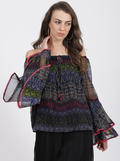 Label Ritu Kumar Women Black Printed Bardot Top