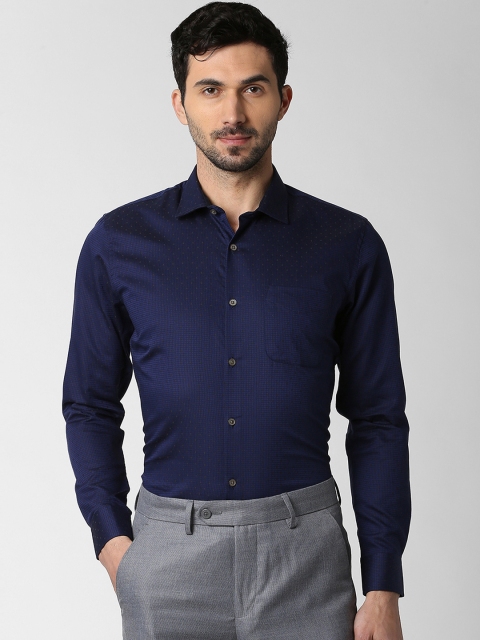 Peter England Elite Men Navy Blue Slim Fit Checked Formal Shirt