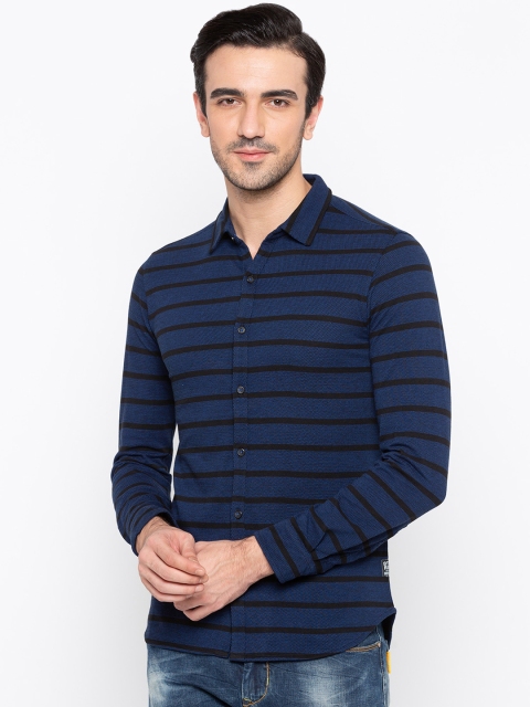 Status Quo Men Navy Blue & Black Slim Fit Striped Casual Shirt