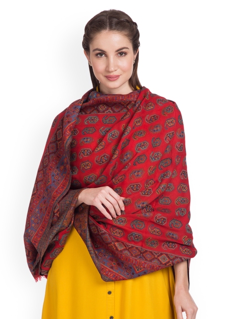 SHINGORA Women Red Paisley Woven Design Woollen Shawl