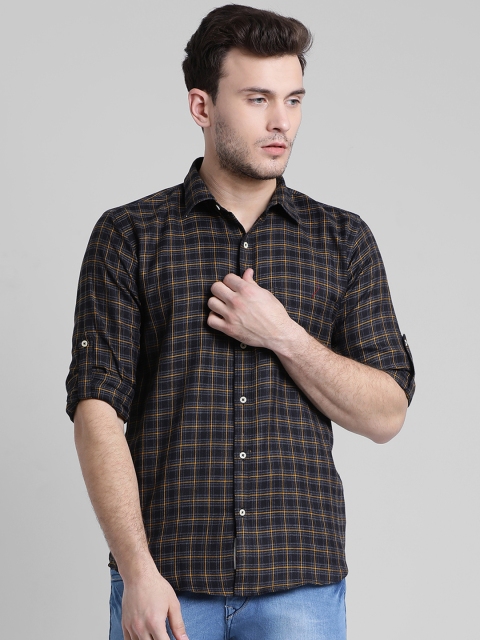 Being Fab Men Black & Yellow Slim Fit Checked Casual Shirt