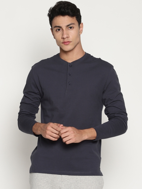 Soul Space Men Navy Blue Solid Henley Neck T-shirt