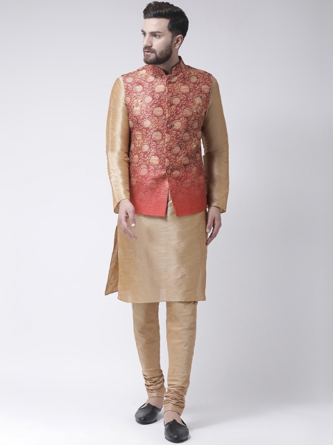 I Know Men Gold-Toned & Red Solid Kurta with Churidar & Printed Nehru Jacket