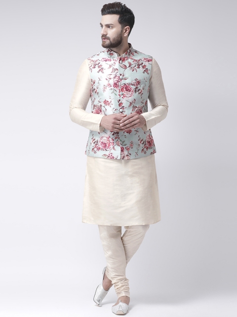 I Know Men Cream-Coloured Solid Kurta with Churidar & Printed Nehru Jacket
