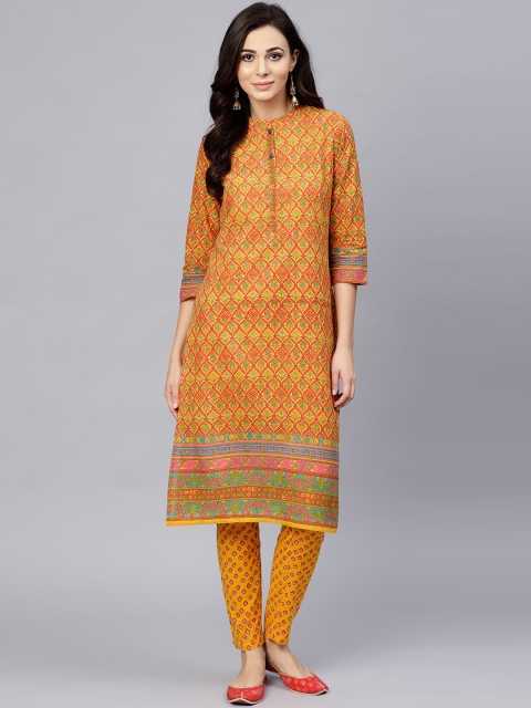 AKS Women Yellow & Red Printed Kurta with Trousers