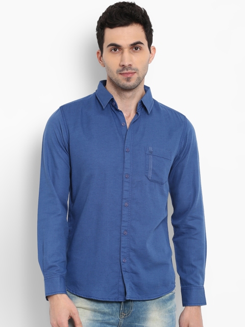Mufti Men Blue Slim Fit Solid Casual Shirt