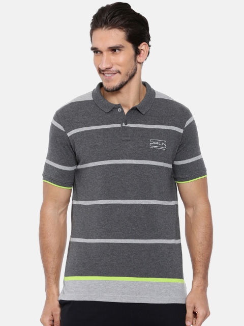 Proline Men Grey Melange Striped Polo Collar T-shirt