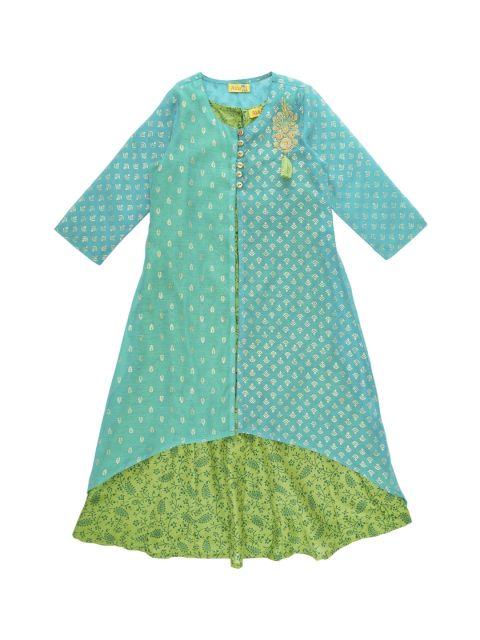 AKKRITI BY PANTALOONS Girls Turquoise Blue & Green Printed A-Line Kurta