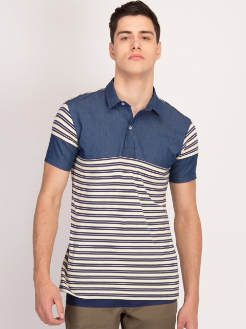LA LOFT Men Blue & White Striped Polo Collar T-shirt