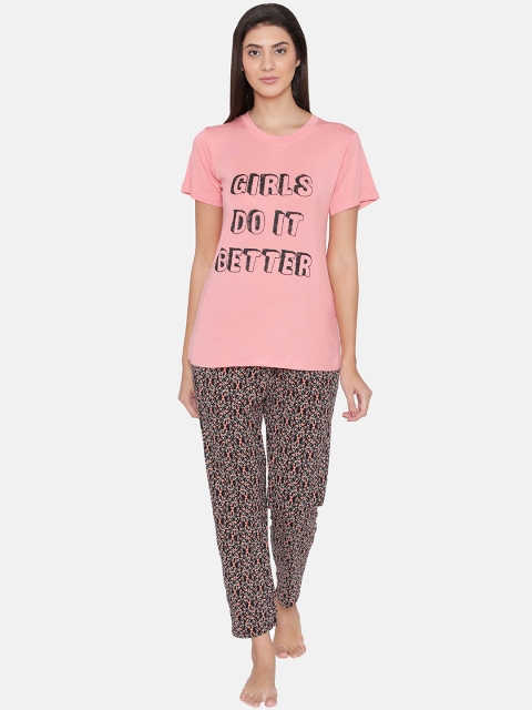 Clovia Women Black & Pink Printed Night suit LS0339P13XL