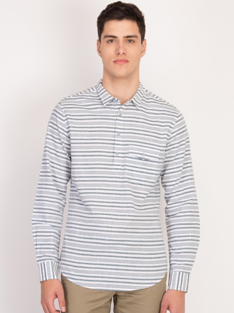 LA LOFT Men White & Blue Regular Fit Striped Casual Shirt