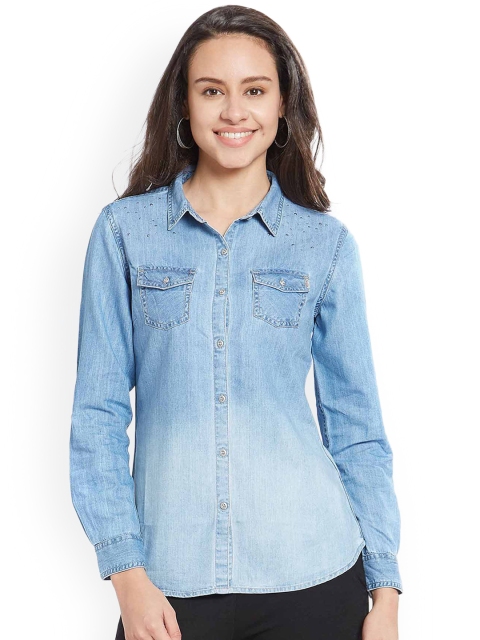 SPYKAR Women Blue Regular Fit Solid Casual Shirt