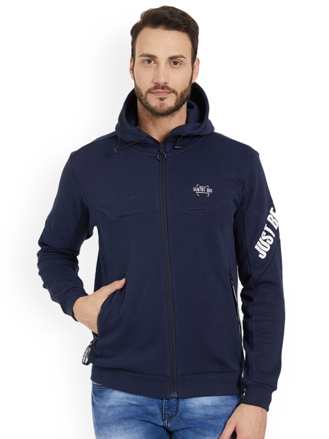 Status Quo Men Navy Blue Solid Slim Fit Hooded Sweatshirt