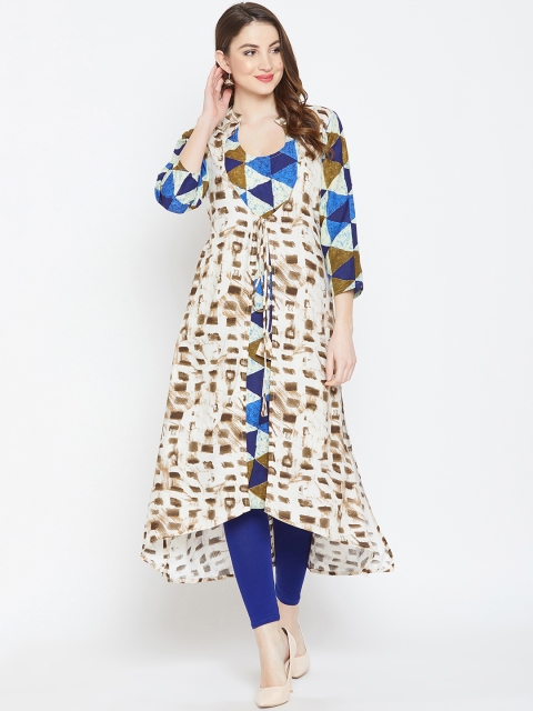 AgrohA Women Off-White & Blue Printed A-Line Kurta