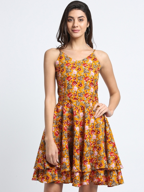 Trend Arrest Women Mustard Yellow Floral Printed Fit and Flare Dress