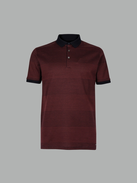 Marks & Spencer Men Maroon Striped Polo Collar T-shirt