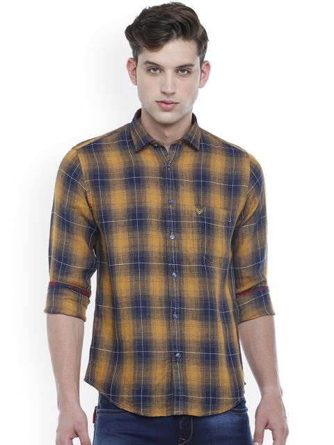 Linen Club Men Orange & Navy Blue Regular Fit Checked Casual Shirt
